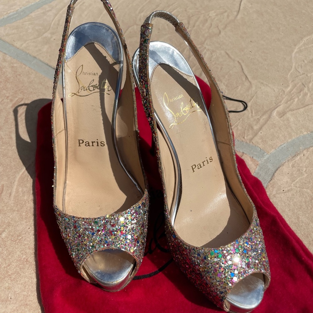 Christian Louboutin No Prive Glitter Silver Multicolor Heels 37
